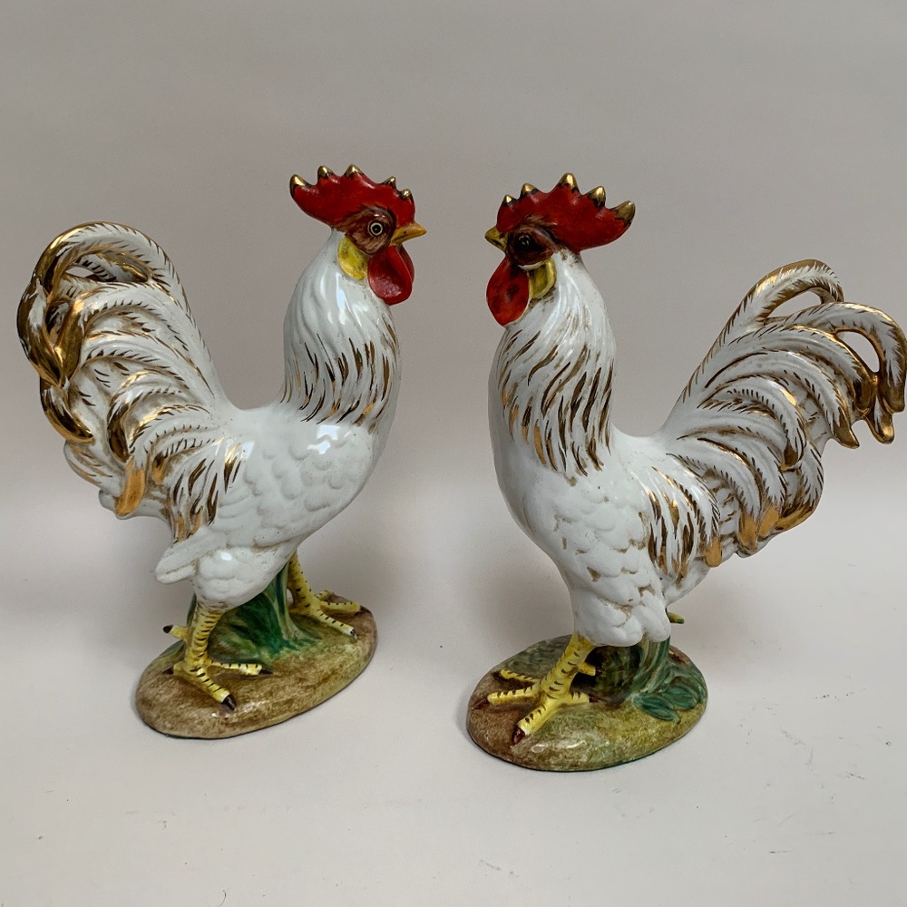 Vintage Italian Ceramic Rooster Figurines (2)